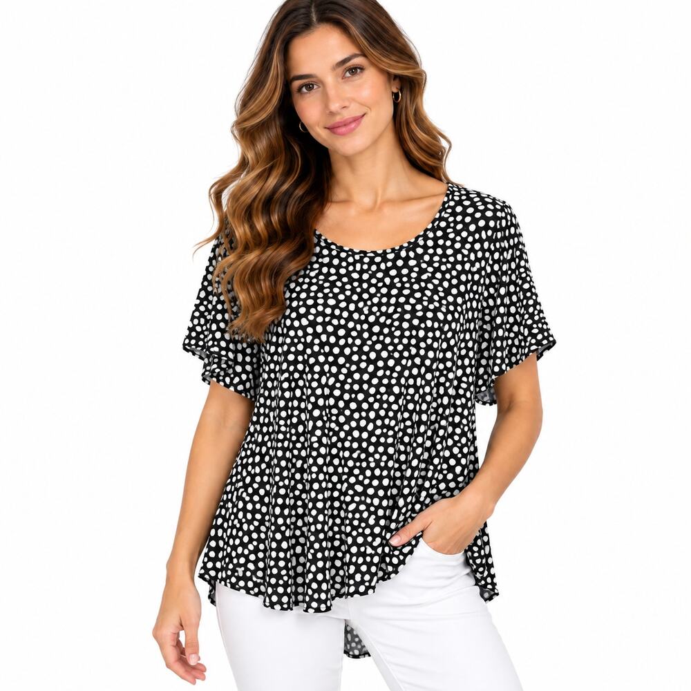 Susan Graver Liquid Knit Blouse Women's Size 1X Black Spreckled Office Casual